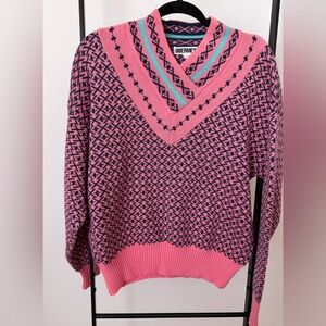 Vintage 80s Obermeyer Pink and Blue Women's Ski Sweater Size Large
